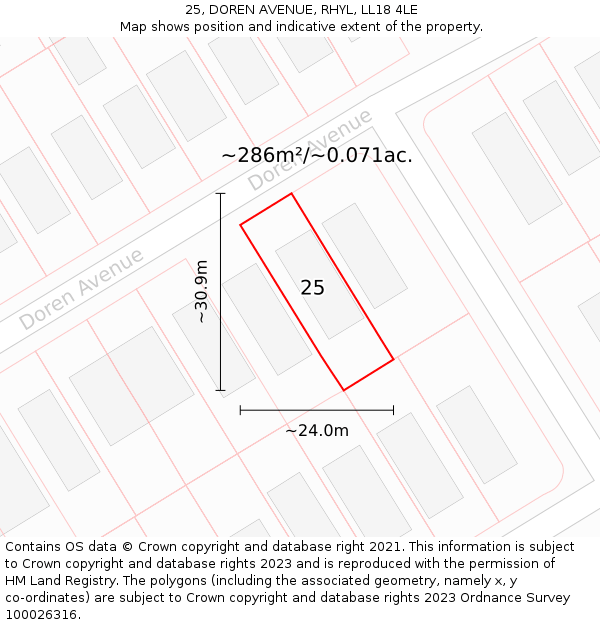 25, DOREN AVENUE, RHYL, LL18 4LE: Plot and title map