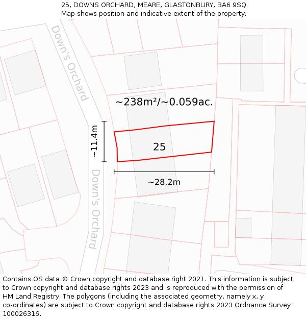 25, DOWNS ORCHARD, MEARE, GLASTONBURY, BA6 9SQ: Plot and title map