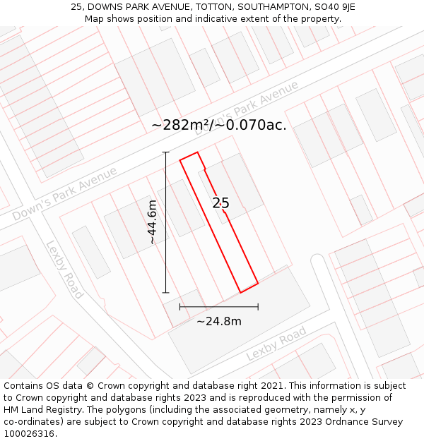 25, DOWNS PARK AVENUE, TOTTON, SOUTHAMPTON, SO40 9JE: Plot and title map