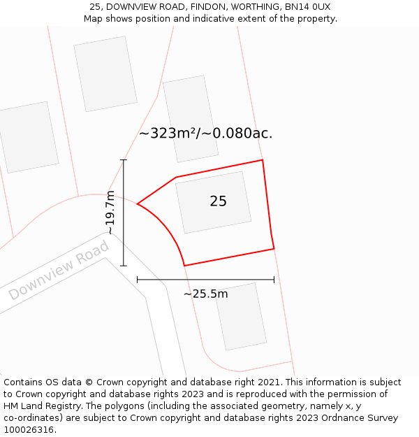 25, DOWNVIEW ROAD, FINDON, WORTHING, BN14 0UX: Plot and title map