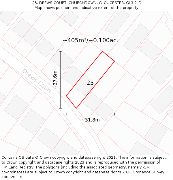 25, DREWS COURT, CHURCHDOWN, GLOUCESTER, GL3 2LD: Plot and title map