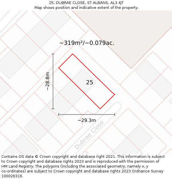 25, DUBRAE CLOSE, ST ALBANS, AL3 4JT: Plot and title map