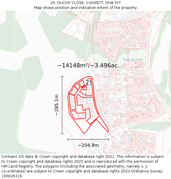 25, DUCHY CLOSE, CONSETT, DH8 5YT: Plot and title map