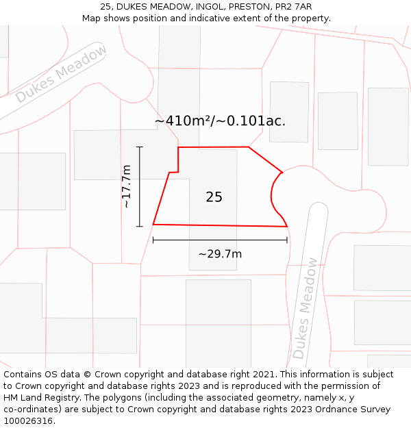 25, DUKES MEADOW, INGOL, PRESTON, PR2 7AR: Plot and title map