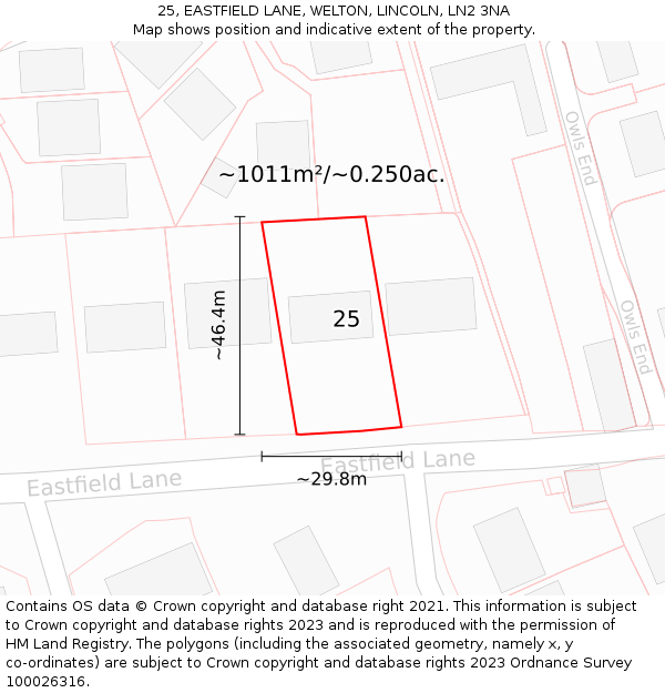 25, EASTFIELD LANE, WELTON, LINCOLN, LN2 3NA: Plot and title map