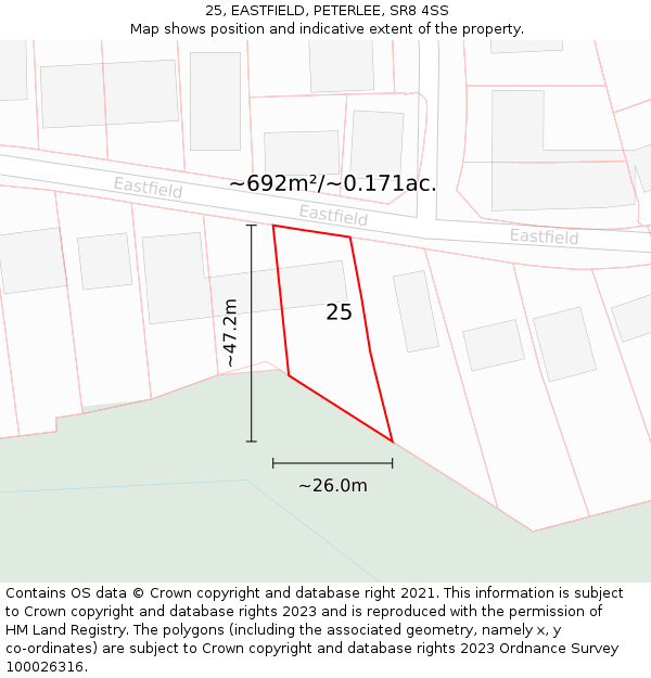 25, EASTFIELD, PETERLEE, SR8 4SS: Plot and title map