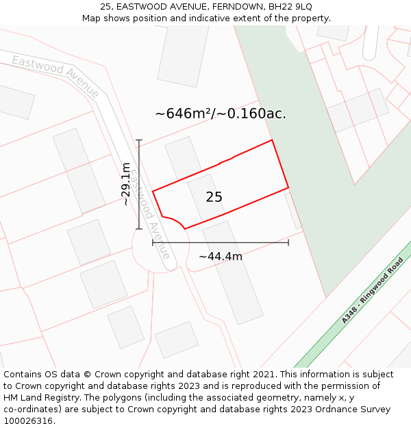 25, EASTWOOD AVENUE, FERNDOWN, BH22 9LQ: Plot and title map