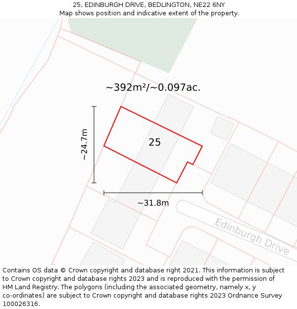 25, EDINBURGH DRIVE, BEDLINGTON, NE22 6NY: Plot and title map