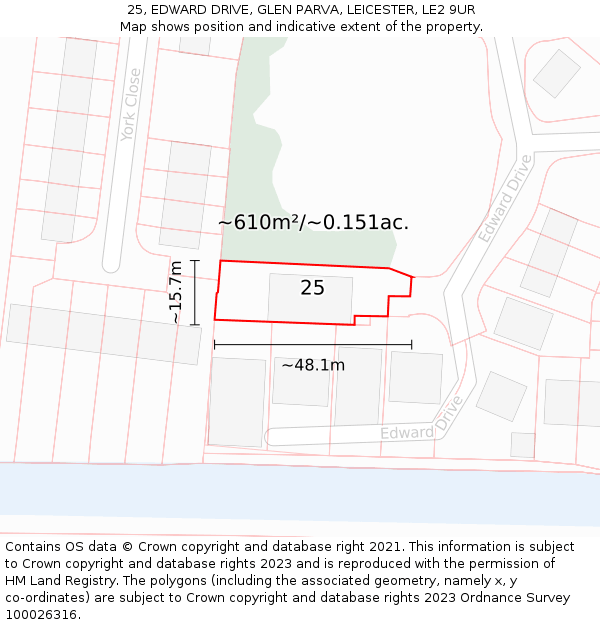 25, EDWARD DRIVE, GLEN PARVA, LEICESTER, LE2 9UR: Plot and title map