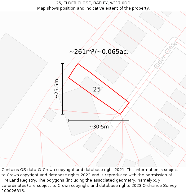 25, ELDER CLOSE, BATLEY, WF17 0DD: Plot and title map