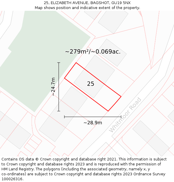 25, ELIZABETH AVENUE, BAGSHOT, GU19 5NX: Plot and title map