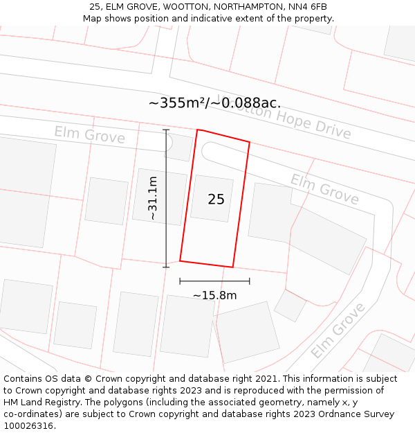 25, ELM GROVE, WOOTTON, NORTHAMPTON, NN4 6FB: Plot and title map