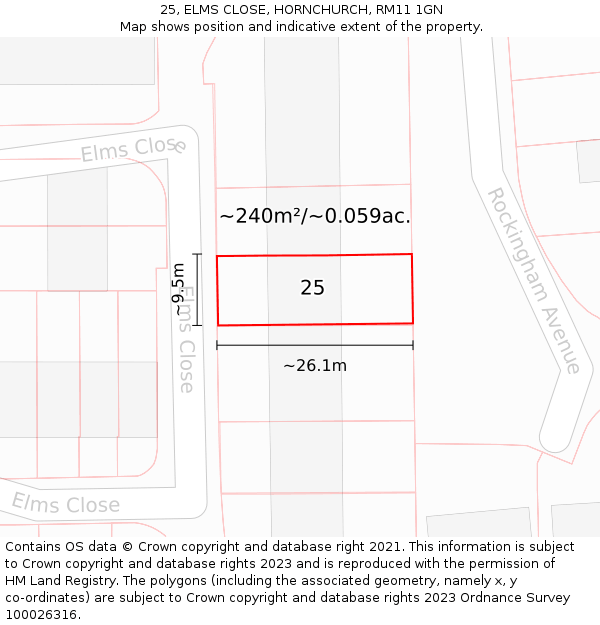 25, ELMS CLOSE, HORNCHURCH, RM11 1GN: Plot and title map