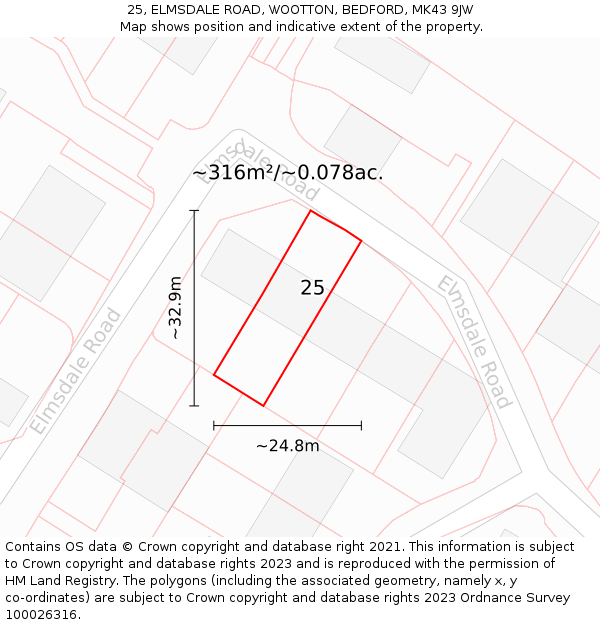 25, ELMSDALE ROAD, WOOTTON, BEDFORD, MK43 9JW: Plot and title map