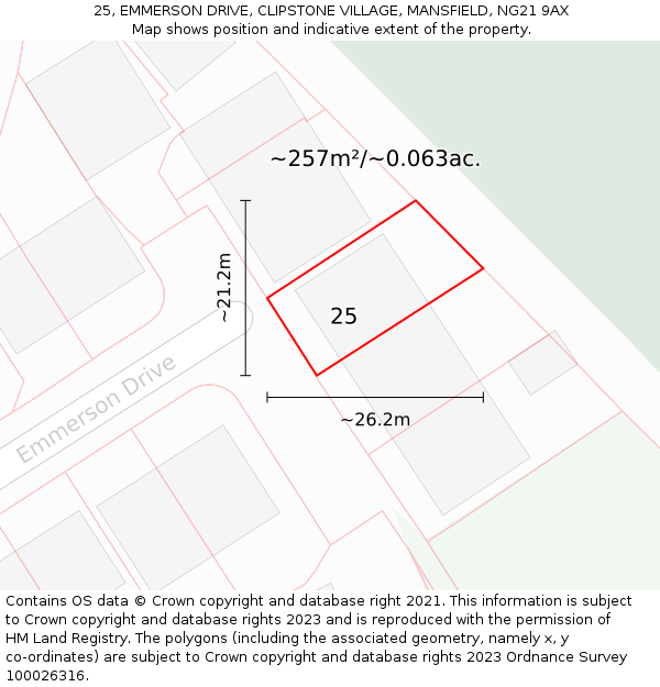 25, EMMERSON DRIVE, CLIPSTONE VILLAGE, MANSFIELD, NG21 9AX: Plot and title map