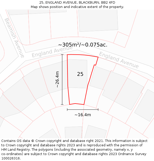 25, ENGLAND AVENUE, BLACKBURN, BB2 4FD: Plot and title map