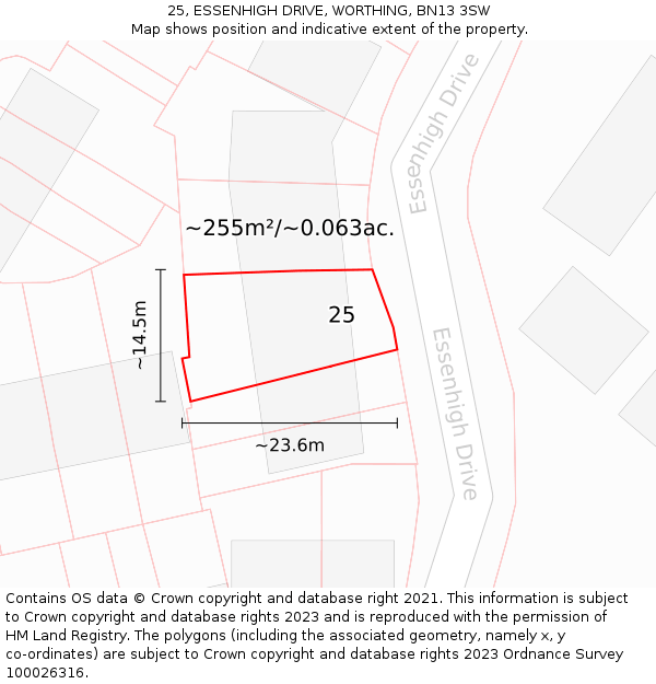 25, ESSENHIGH DRIVE, WORTHING, BN13 3SW: Plot and title map