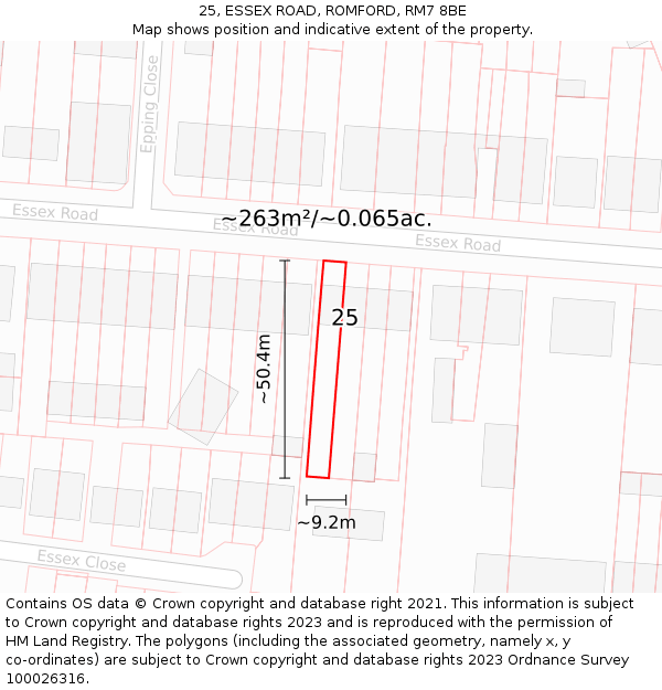 25, ESSEX ROAD, ROMFORD, RM7 8BE: Plot and title map
