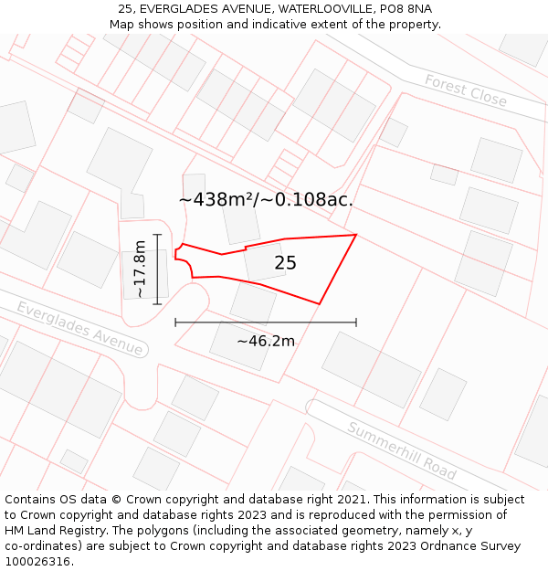 25, EVERGLADES AVENUE, WATERLOOVILLE, PO8 8NA: Plot and title map