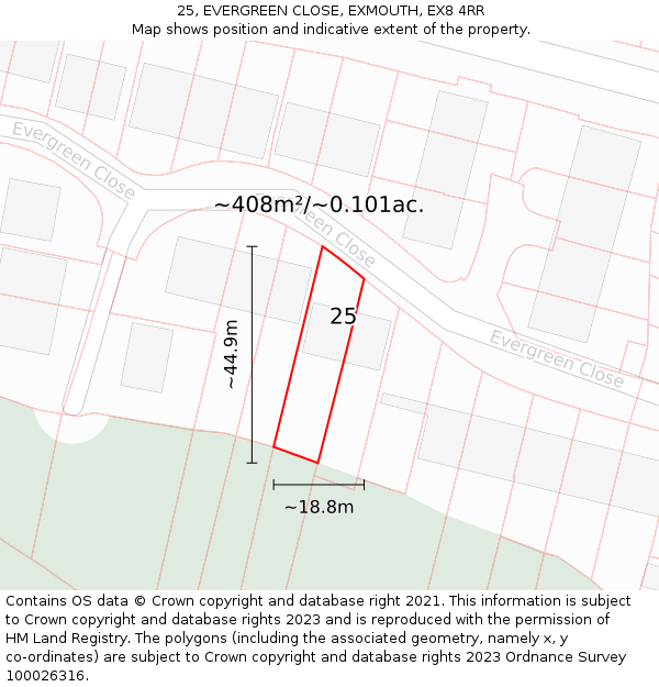 25, EVERGREEN CLOSE, EXMOUTH, EX8 4RR: Plot and title map