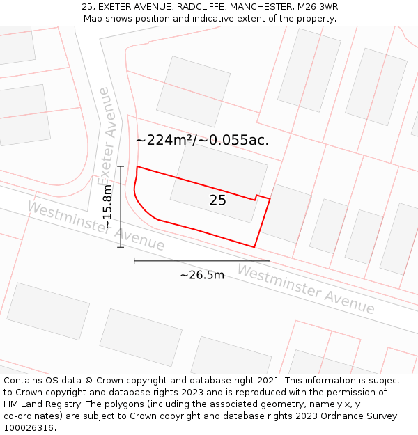 25, EXETER AVENUE, RADCLIFFE, MANCHESTER, M26 3WR: Plot and title map