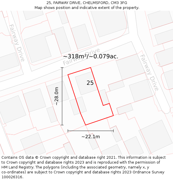 25, FAIRWAY DRIVE, CHELMSFORD, CM3 3FG: Plot and title map