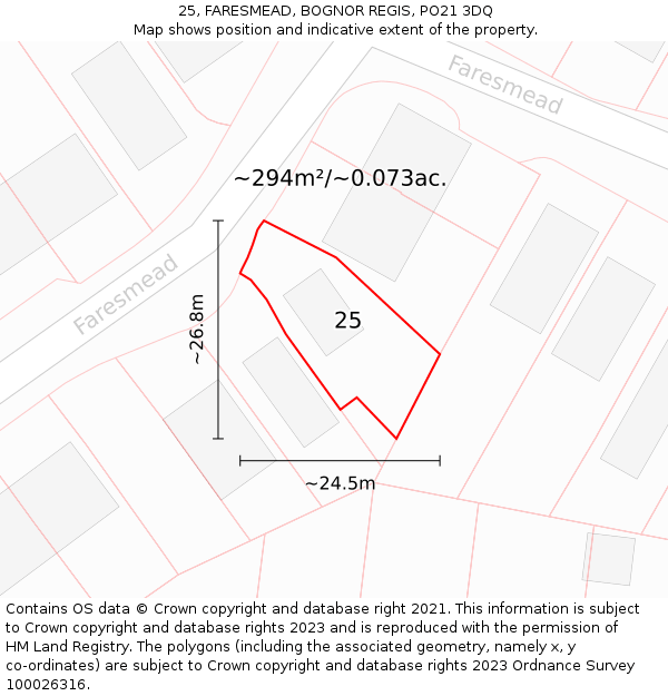 25, FARESMEAD, BOGNOR REGIS, PO21 3DQ: Plot and title map