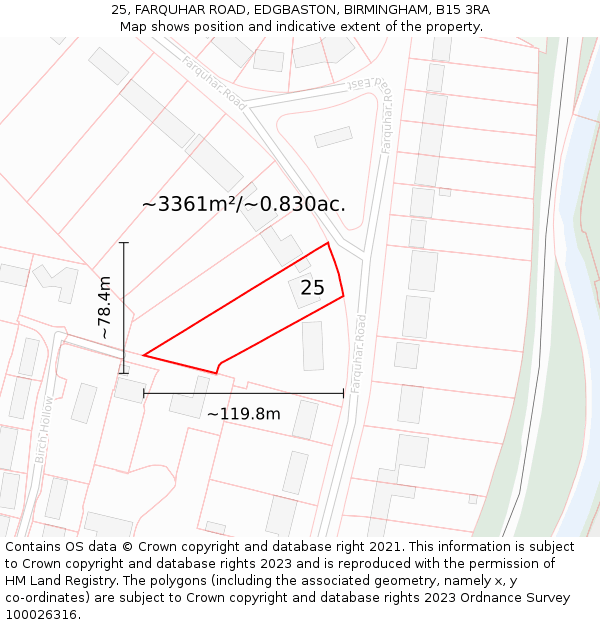 25, FARQUHAR ROAD, EDGBASTON, BIRMINGHAM, B15 3RA: Plot and title map