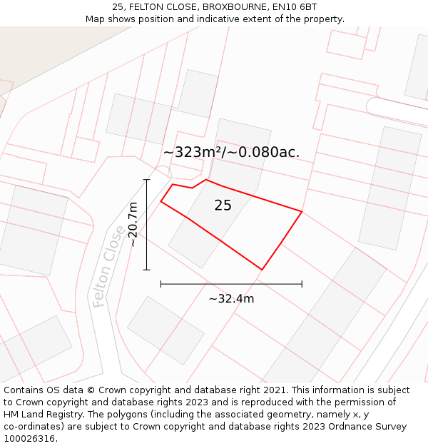 25, FELTON CLOSE, BROXBOURNE, EN10 6BT: Plot and title map