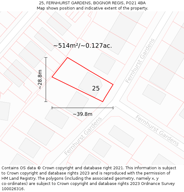 25, FERNHURST GARDENS, BOGNOR REGIS, PO21 4BA: Plot and title map