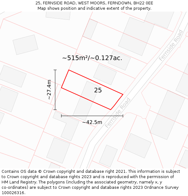 25, FERNSIDE ROAD, WEST MOORS, FERNDOWN, BH22 0EE: Plot and title map