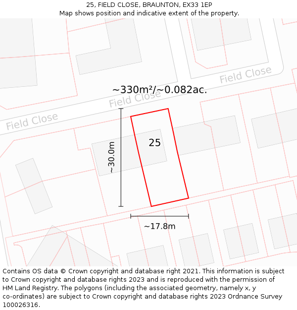 25, FIELD CLOSE, BRAUNTON, EX33 1EP: Plot and title map