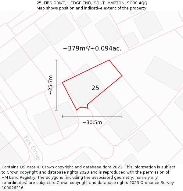 25, FIRS DRIVE, HEDGE END, SOUTHAMPTON, SO30 4QQ: Plot and title map