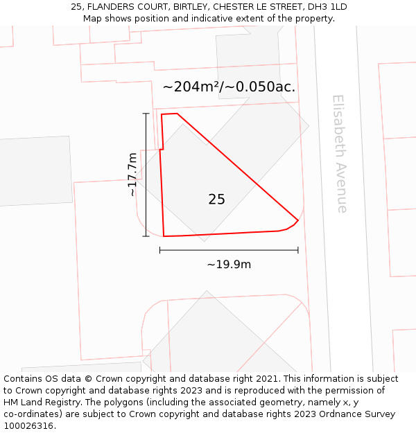 25, FLANDERS COURT, BIRTLEY, CHESTER LE STREET, DH3 1LD: Plot and title map