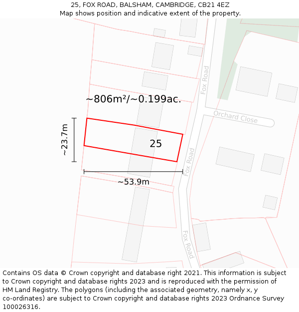 25, FOX ROAD, BALSHAM, CAMBRIDGE, CB21 4EZ: Plot and title map