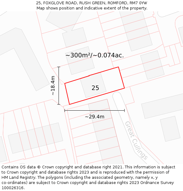 25, FOXGLOVE ROAD, RUSH GREEN, ROMFORD, RM7 0YW: Plot and title map