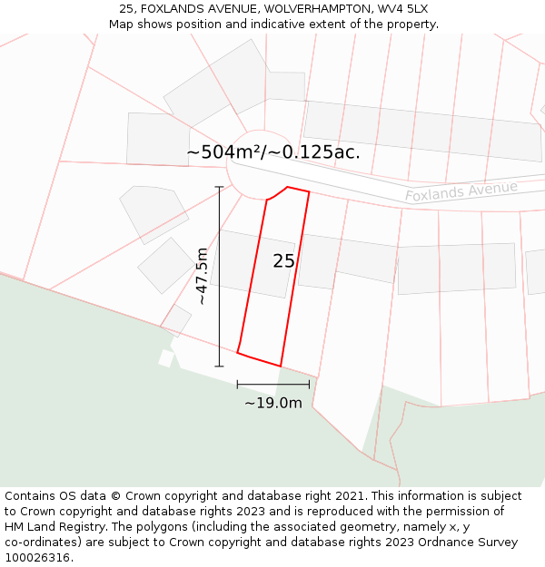 25, FOXLANDS AVENUE, WOLVERHAMPTON, WV4 5LX: Plot and title map