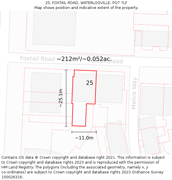 25, FOXTAIL ROAD, WATERLOOVILLE, PO7 7LF: Plot and title map