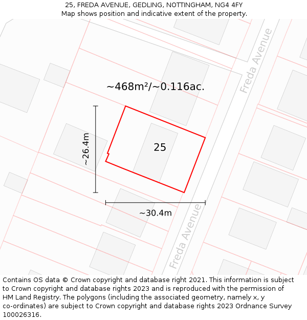 25, FREDA AVENUE, GEDLING, NOTTINGHAM, NG4 4FY: Plot and title map