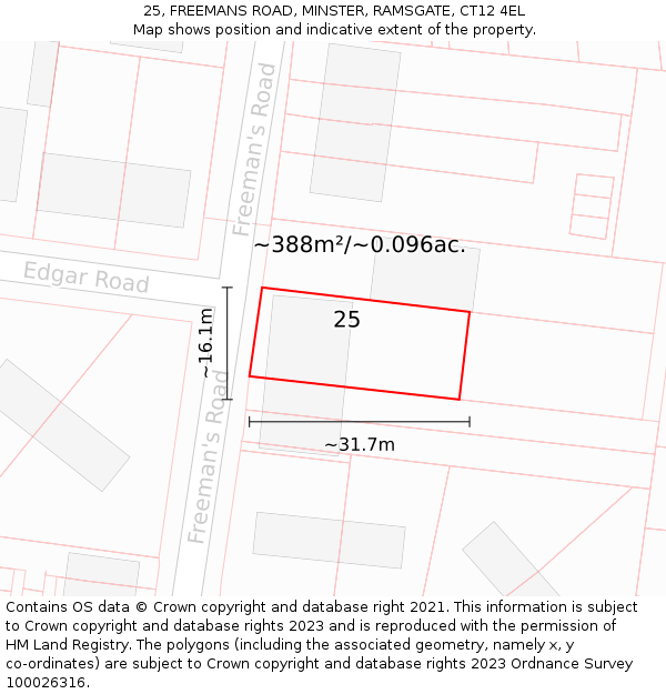 25, FREEMANS ROAD, MINSTER, RAMSGATE, CT12 4EL: Plot and title map