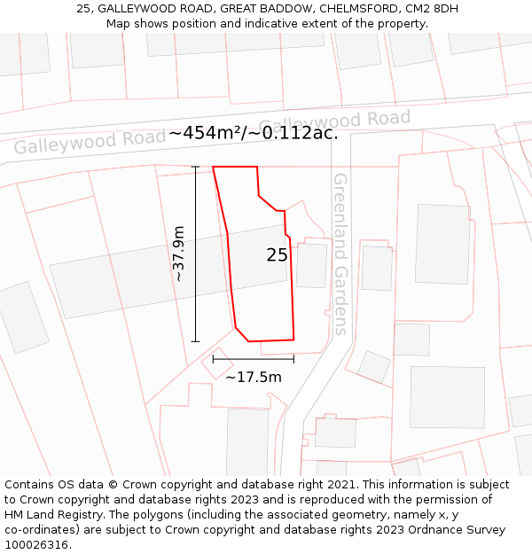 25, GALLEYWOOD ROAD, GREAT BADDOW, CHELMSFORD, CM2 8DH: Plot and title map