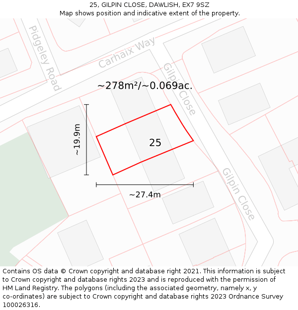 25, GILPIN CLOSE, DAWLISH, EX7 9SZ: Plot and title map