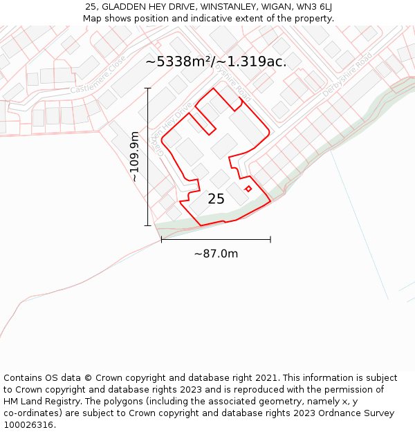 25, GLADDEN HEY DRIVE, WINSTANLEY, WIGAN, WN3 6LJ: Plot and title map