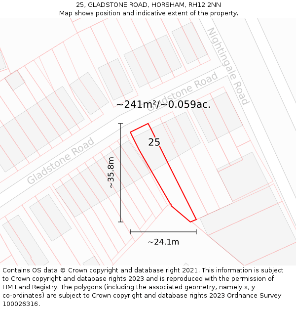 25, GLADSTONE ROAD, HORSHAM, RH12 2NN: Plot and title map