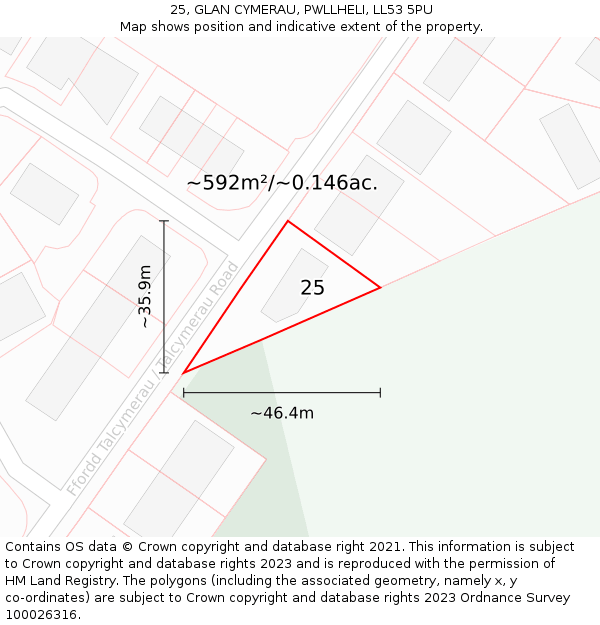 25, GLAN CYMERAU, PWLLHELI, LL53 5PU: Plot and title map