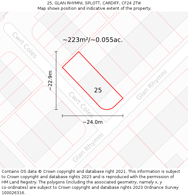 25, GLAN RHYMNI, SPLOTT, CARDIFF, CF24 2TW: Plot and title map