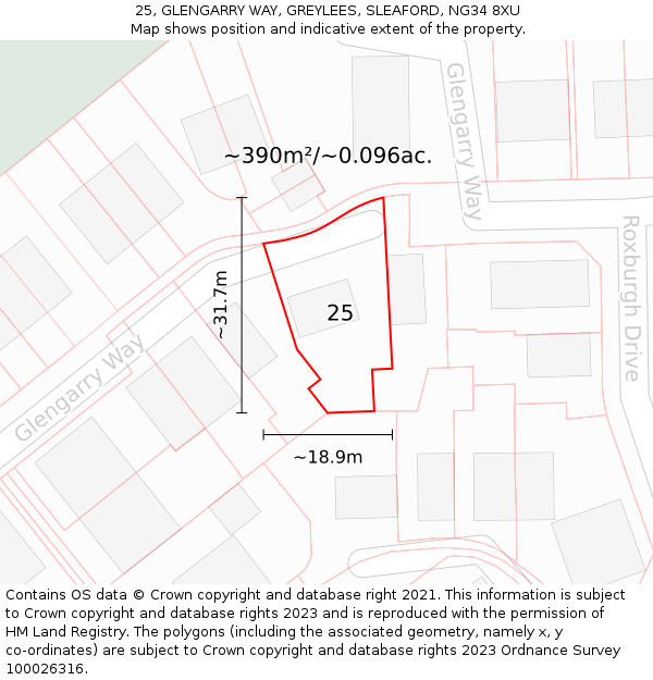 25, GLENGARRY WAY, GREYLEES, SLEAFORD, NG34 8XU: Plot and title map