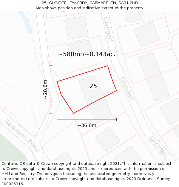 25, GLYNDERI, TANERDY, CARMARTHEN, SA31 2HD: Plot and title map