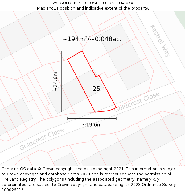 25, GOLDCREST CLOSE, LUTON, LU4 0XX: Plot and title map