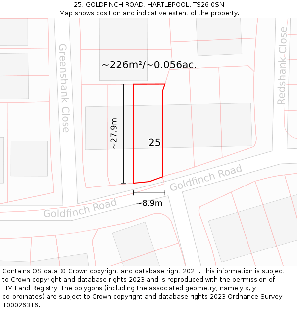 25, GOLDFINCH ROAD, HARTLEPOOL, TS26 0SN: Plot and title map